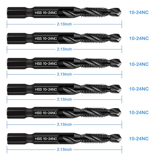 6-Piece 10-24NC Combination Drill Tap Countersink Bit Set SAE, Made of High-Speed Steel with Anti-Rust Blackened Coating, Ideal for Soft Metal, Wood & Plastic, 10-24NC Thread Size, 1/4" Hex Shank - size: 10-24NC