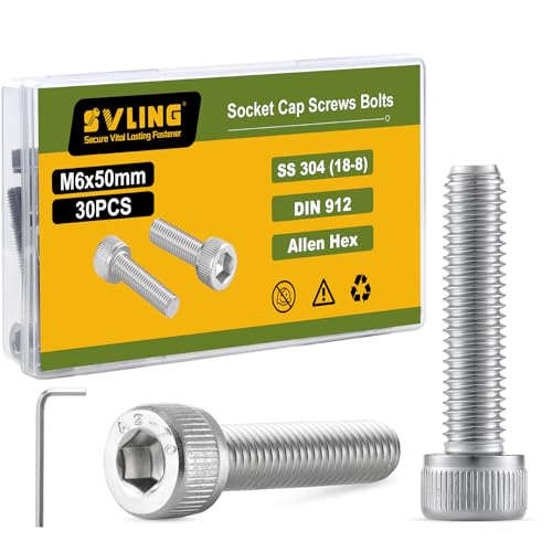 M6-1.0 x 50mm Bolt, 30PCS M6 Hex Socket Head Cap Screws Bolts, 304 Stainless Steel 18-8, Full Threads, Allen Socket Drive, with Hex Spanner - size: M6x50mm