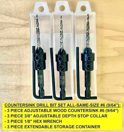 FTG USA 3 Pc #6 (9/64") Countersink Drill Bit Set with Tapered Drill Bits - size: #6, style: Same Sort 3 Pc