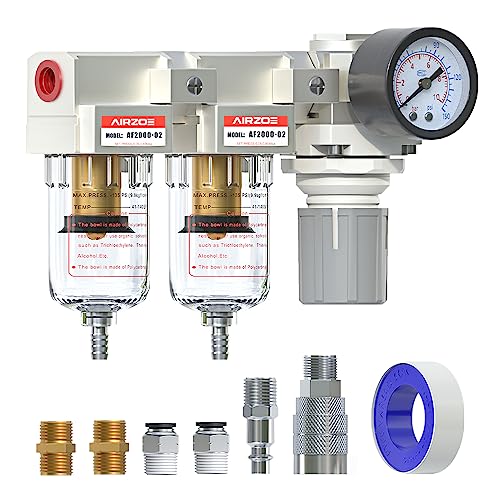 AIRZOE 1/4" NPT Air Dryer for Compressor-Air Compressor Water Separator AC2110-02,Double Air Compressor Filter,Air Pressure Regulator Combo,5 Micron Brass Element,Semi-Auto Drain,0-145 psi Gauge - size: 1/4"NPT