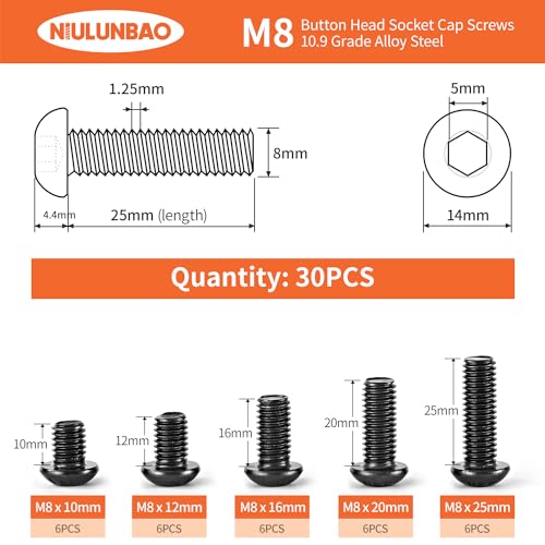 M8 x 10mm 12mm 16mm 20mm 25mm Button Head Socket Cap Screws Bolts 10.9 Grade Alloy Steel, Black Oxide Finish, Metric Allen Hex Drive, Machine Fully Threaded, Assortment Kit 30PCS - size: M8 x 10/12/16/20/25mm (30PCS)