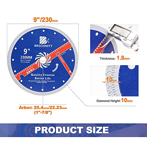 Super Thin Diamond Porcelain Saw Blade with X Teeth,BRSCHNITT 2pcs 9 Inch (230mm) x Arbor 1"-7/8" Angle Grinder Diamond Cutting Disc for Dry/Wet Cutting Porcelain Tile Ceramic Marble Granite - size: 230mm(9")
