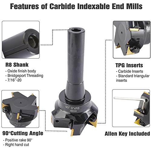 Toolly 3'' Carbide Indexable End Mill, R8 Shank, 5 Flute, with Tpg322 Inserts
