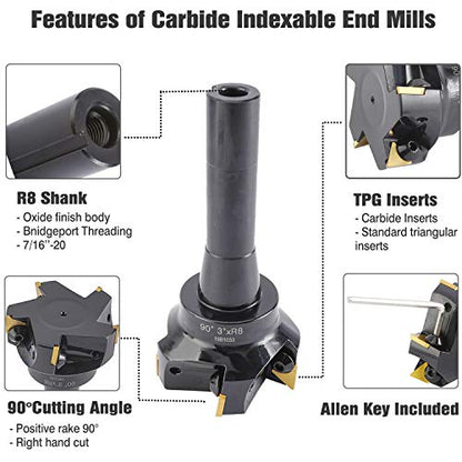 Toolly 3'' Carbide Indexable End Mill, R8 Shank, 5 Flute, with Tpg322 Inserts