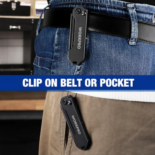 WORKPRO 2PCS EDC Folding Utility Knife, Mini Box Cutter with Quick Open Axis Lock, Quick Change Blade Razor Knife, Foldable Small Pocket Knife with Belt Clip, 2 Packs with 10 Extra Blades - color: Black