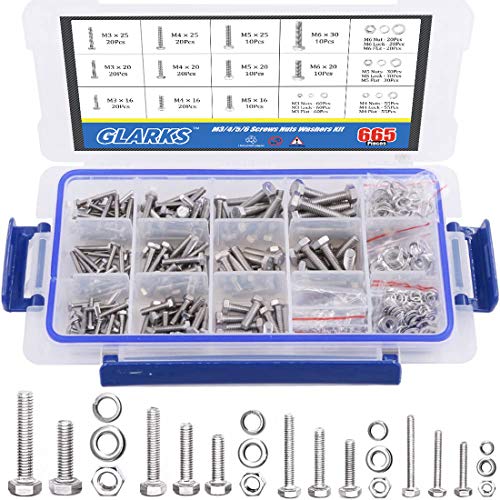 Glarks 665Pcs M3 M4 M5 M6 Stainless Steel Flat Hex Head Screws Bolts Nuts and Flat Gasket Spring Washers Assortment Set - style: Hex head screws