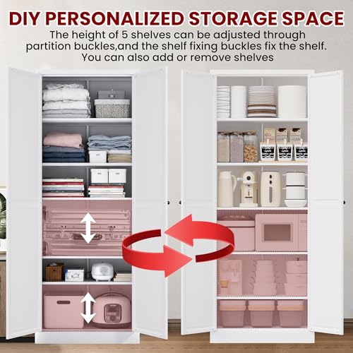 AQY Metal Pantry Cabinet, 72" White Kitchen Storage Cabinet with Doors - color: White, style: H72" - 2 Doors Hooks & Vents