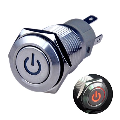 Latching Push Button Switch U16F5 1NO1NC SPDT ON/Off Silver Stainless Steel Shell with Red Power Symbol LED Suitable for 16mm 5/8" Mounting Hole (Red) - color: Silver with Red LED