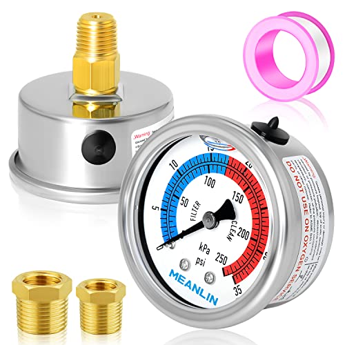 MEANLIN MEASURE 1/4" NPT 0-35psi Pressure Gauge, 2" Dial Glycerine Filled Pool Filter, 304 Stainless Steel Housing, Back Mount, with 1/2" NPT and 3/8" NPT Hex Bushing - size: 0-35Psi/0-250Kpa, style: Center Back Mount