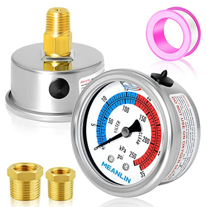MEANLIN MEASURE 1/4" NPT 0-35psi Pressure Gauge, 2" Dial Glycerine Filled Pool Filter, 304 Stainless Steel Housing, Back Mount, with 1/2" NPT and 3/8" NPT Hex Bushing - size: 0-35Psi/0-250Kpa, style: Center Back Mount
