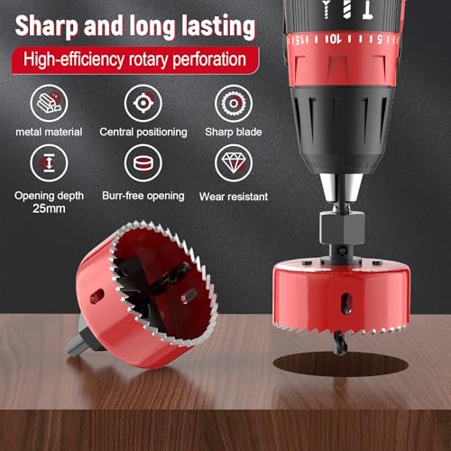 12-Piece Hole Saw Kit, 8 Sizes 3/4" to 2-1/2" Hole Saw Set in Case with Arbors, Drill Bits and Hex Key for Soft Wood, Plywood, PVC Board and Plastic - color: Red