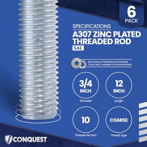 Conquest A307 Zinc Plated Threaded Rod 3/4"-10 x 12 - size: 3/4"-10 x 1'