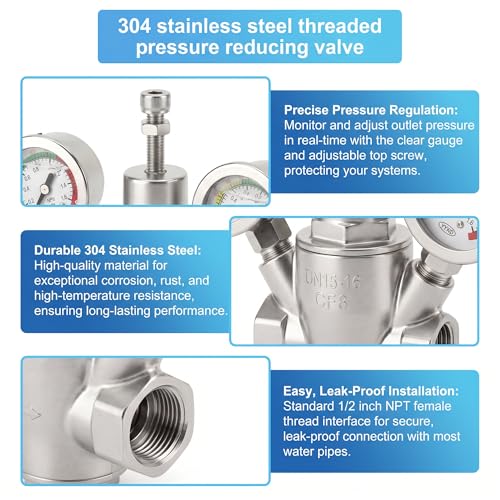 MEANLIN MEASURE 1/2" Piston Water Pressure Reducing Valve, DN15, 304 Stainless Steel Adjustable Pressure Regulator with Dual 0-220 PSI Gauges, for Home Plumbing, Industrial Water Pipe System