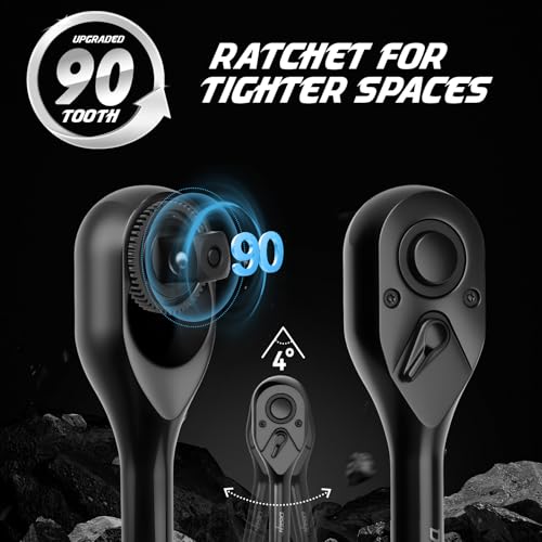 DISEN 3PCS Black Ratchet Set (1/2", 3/8", 1/4" Drive) - 90-Tooth Drive Ratchet Socket Wrench Reversible with Non-slip Rubber Grip, Quick Release & EVA Tray - Professional Ratchet Wrench Handle Kit - size: 3 pieces Standard Ratchet Set - Soft Handle