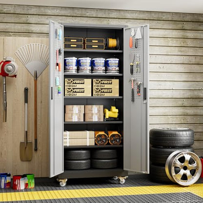 Reemoon 71" H Metal Garage Storage Cabinet with Wheel,Black-Dark Grey - color: Black-dark Grey, size: 16"D x 32"W x 71"H