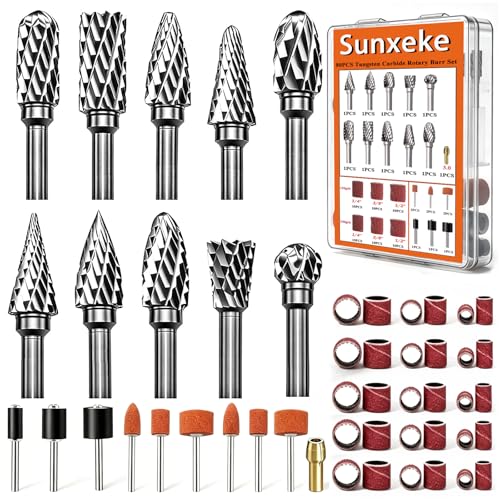 10PCS Tungsten Carbide Rotary Burr Set with 70PCS Sanding Drums, Rotary Tool Accessories, 1/8" Shank Double Cut Die Grinder Bits for Dremel, Wood Carving, Metal Engraving, Grinding & Polishing - color: 80PCS-5 STYLES