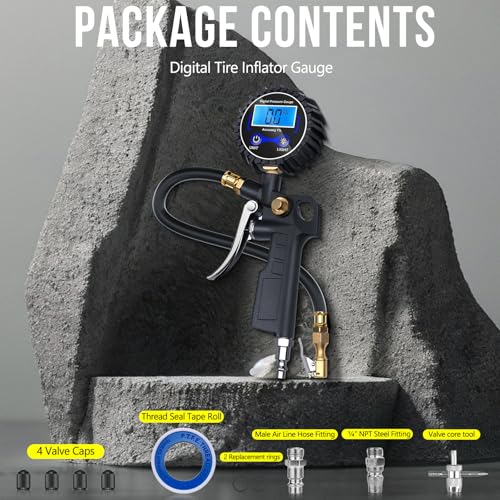 Digital Tire Pressure Gauge with Inflator 3-250 PSI Heavy Duty - size: 1 Pack Standard