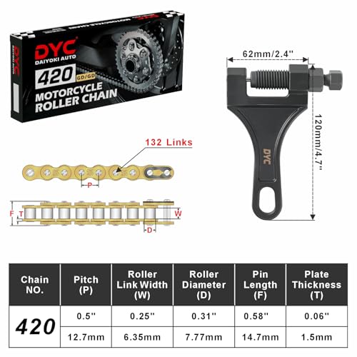 DYC 420 Gold Chain 132 Links with 5 Master Links and Chain Breaker Tool - color: Gold