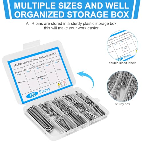 180pcs Premium 304 Stainless Steel Cotter Pin Assortment Kit, 6 Sizes Heavy Duty Cotter Pins, Hardware Pins for Automotive, Machinery, Lawn Mowers, and DIY Projects - size: cotter pin(split pin)