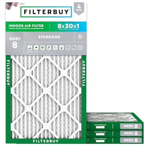 Filterbuy 8x30x1 Air Filter MERV 8 Dust & Allergy Defense (4-Pack) - size: 8x30x1