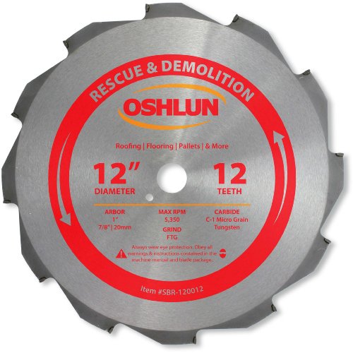 Oshlun SBR-120012 12-Inch 12 Tooth FTG Saw Blade with 1-Inch Arbor (7/8-Inch and 20mm Bushings) for Rescue and Demolition - size: 12 Tooth Carbide Tipped