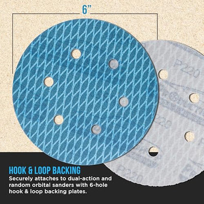 ProductionShop Premium 220 Grit 6" Rhombus Diamond Shape Blue Sanding Discs, 6-Hole, Box of 50 - Hook & Loop Anti-Clogging J-Cloth Dustless Sandpaper for Random Orbital Sanders, Sand Auto Paint, Wood - style: 220 Grit