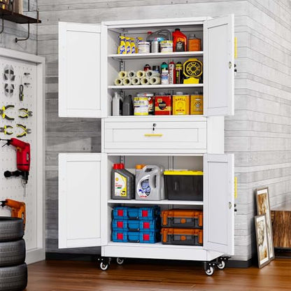 pozdeg 74" White Lockable Rolling Metal Garage Storage Cabinet - color: White, size: 15.74"D x 35.43"W x 74"H