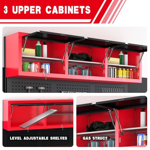 LARBANKE 72" Rolling Tool Chest with 15 Drawers, 1.2" Thick Solid Wood Top - color: Red, size: 15 drawer tool chest and 3 upper cabinet