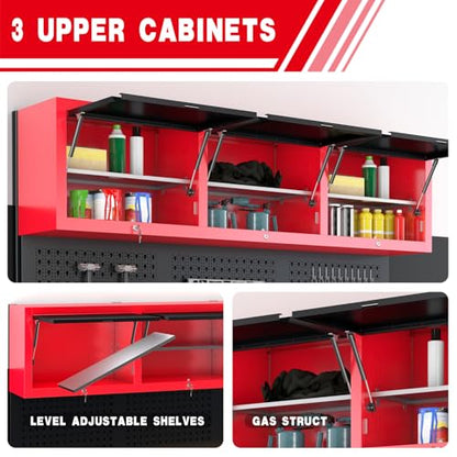 LARBANKE 72" Rolling Tool Chest with 15 Drawers, 1.2" Thick Solid Wood Top - color: Red, size: 15 drawer tool chest and 3 upper cabinet