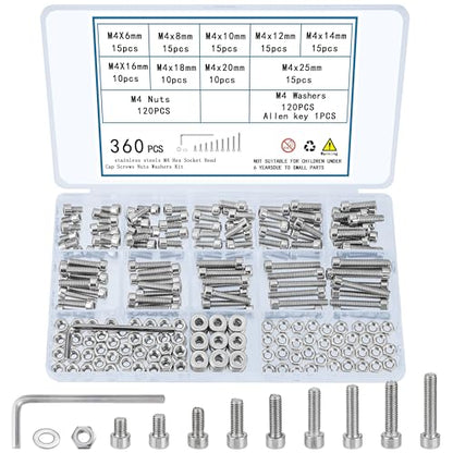 360 Pcs M4 Screws and Nuts Set - Hex Socket Head Cap Screws, Bolts, Nuts, and Washers Assortment - Stainless Steel, Fully Threaded Metric Machine Screw Kit - size: M4