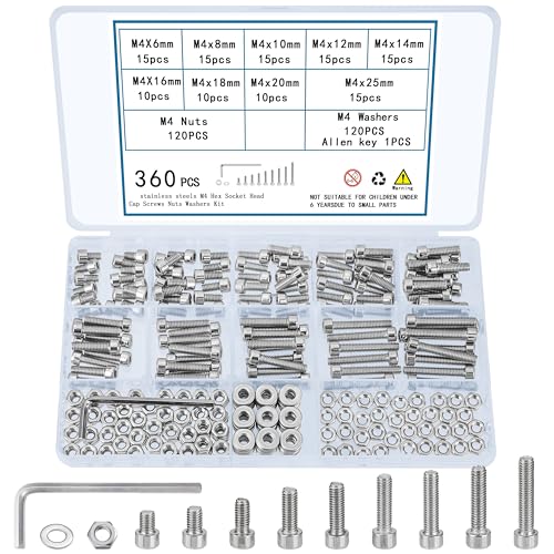 360 Pcs M4 Screws and Nuts Set - Hex Socket Head Cap Screws, Bolts, Nuts, and Washers Assortment - Stainless Steel, Fully Threaded Metric Machine Screw Kit - size: M4
