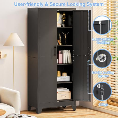 70.86" Metal Garage Storage Cabinet, Lockable Tall Tool Cabinet, Black - color: Black, size: 13.78"D x 25.98"W x 70.86"H