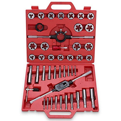 45-Piece Premium Large Size Tap and Die Set - SAE 1/4, 5/16, 3/8, 7/16, 1/2, 9/16, 5/8, 3/4, 7/8, 1”, Both Coarse and Fine Teeth | Essential Threading and Rethreading Tool with Handle Wrench and Case - style: Inch