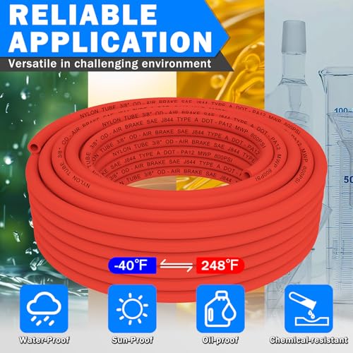 CheeMuii 50FT 3/8" DOT Air Line 3/8 Air Hose PA12 Nylon Pneumatic Tubing - color: Red, size: 3/8"OD-50FT