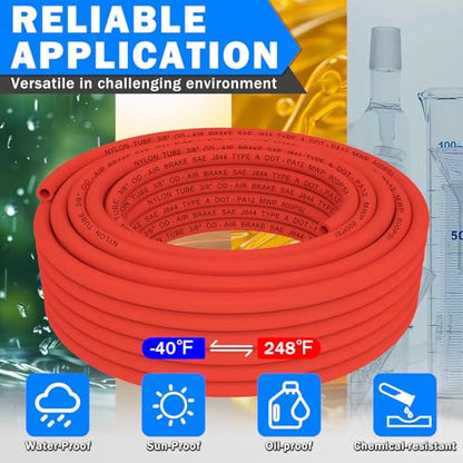 CheeMuii 50FT 3/8" DOT Air Line 3/8 Air Hose PA12 Nylon Pneumatic Tubing - color: Red, size: 3/8"OD-50FT