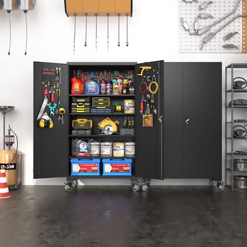 Large Metal Cabinet Two Lockable Doors Four Wheels,Four Adjustable dividers can be Used as Tool File Storage Suitable for garages Schools Gyms Offices