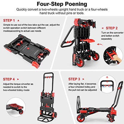 Folding Hand Truck Dolly,330lb Cart+1 Folding Basket,4 to2 Wheel Moving Red - size: 330LB Red