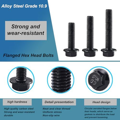 M10 x 45mm 10Pcs Flanged Hex Head Bolts, M10 x 1.5 Bolts, Flange Hexagon Head Screws, 10.9 Grade Alloy Steel, Black Oxide Finish, Metric Fully Thread - size: M10 x 45mm(10PCS)