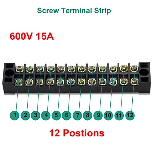 Terminal Block Strip, 12 Circuits 600V 15A, Dual Row Screw, 5 Sets
