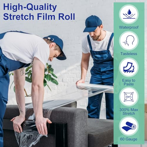 Stretch Film Roll,15IN Wide 196.8FT Long-60 Gauge Shrink Wrap Film,Self-Adhering Plastic Wrap Roll for Pallet Wrap, Furniture Wrapping Moving & Protection,300% Max Stretch,Clear - size: 15INx196.8FT