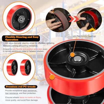 Pallet Jack/Truck Full Wheel Replacement Kit, Pair Steering Wheels (7"x 2"), Pair Front Load Roller(3" x 3.75"), with Pre-Installed Bearings, Axles, 20mm ID Poly Tread, Entry Rollers, Install Tool Kit