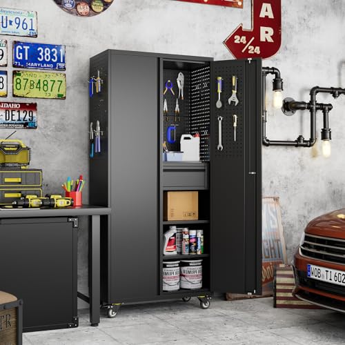 Aobabo Metal Garage Storage Cabinet, 71"x30" Lockable Rolling Tool Cabinet - color: Black, size: 15"D x 30"W x 71"H