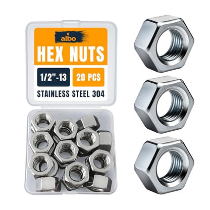 ALBO 20 PCS 1/2-13 Hex Nuts – Stainless Steel 304 SAE Nuts Set in Reusable Box – Heavy-Duty Hardware for Automotive & DIY – 1/2 Nuts, SAE Nut Assortment - size: 1/2"-13, 20pcs