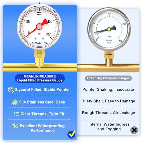 MEANLIN MEASURE 0~200Psi Stainless Steel 1/8" NPT 1.5" FACE DIAL, Glycerin Filled Pressure Gauge, Liquid Filled, Water Oil Air, Lower Mount, with 1/4" NPT and 3/8" NPT Hex Bushing - size: 0-200Psi