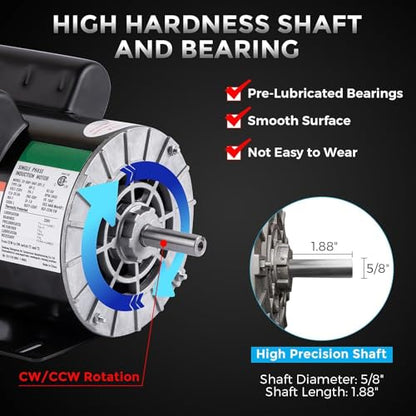 Air Compressor Motor 5HP, 3450RPM 184T Frame 230V Electric Motor with 5/8" Keyed Shaft & Dual Rotation, 1.88" Shaft Length for Industrial Air Compressors, Pumps, Tools