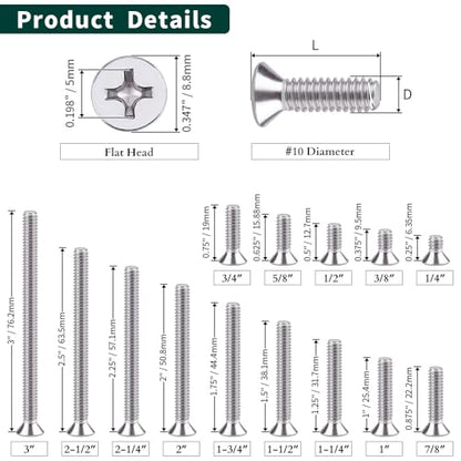 #10-24 x 3/4" Flat Countersunk Head Machine Screws, Phillips Drive, 304 Stainless Steel 18-8, Full Thread, Coarse Thread UNC, 50 PCS - size: #10-24 x 3/4"