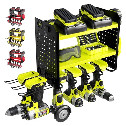 BUILTSTRONG Power Tool Organizer Wall Mount – 3-Tier Heavy-Duty Steel Rack, 6 Drill Slots, Dual Pegboard Sides, Side-by-Side Modular, 100 lb Capacity – Garage & Workshop (Green) - color: Green, size: 6 Drill Holder