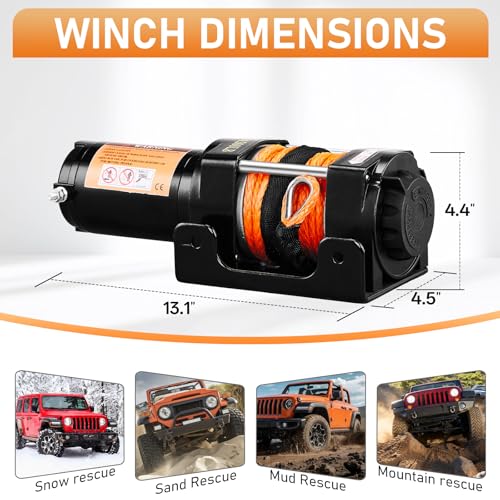 4500lb Electric Winch with Synthetic Rope, 12V DC - color: 4500LB Black-Orange