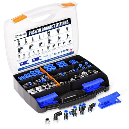 TAILONZ PNEUMATIC 1/4"3/8"1/2"1/8" Blue Straight and Elbow Push to Connect Fittings Air Hose Fittings,Suitable for Nylon/PU Tube Air Tube and Other Connection Kits 68PCS - color: Blue, size: 1/4"3/8"1/2"1/8"OD/68PCS