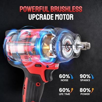 Cordless Impact Wrench 1/2 Inch, 1500 N.m/1106ft-lbs Brushless Impact Gun - color: Red With Battery